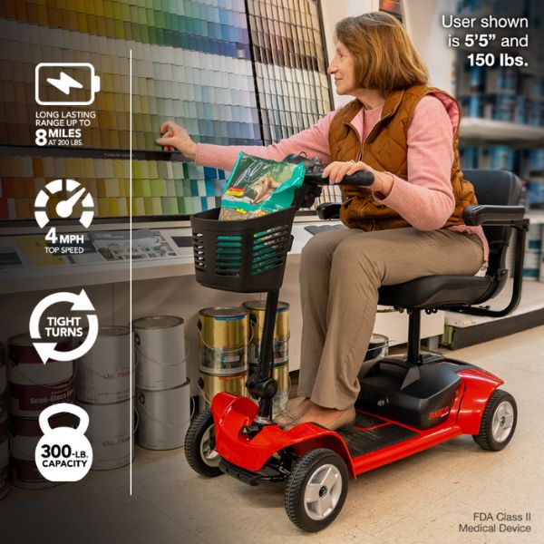 Rascal Venture 4-Wheel Portable Mobility Scooter with a Woman Riding on it