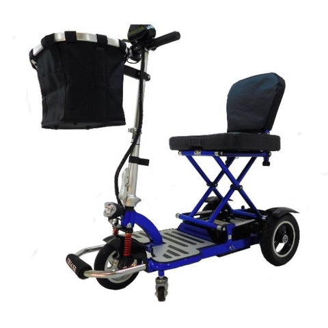 Enhance Mobility Triaxe Cruze Folding Mobility Scooter Blue Left View with Front Bag