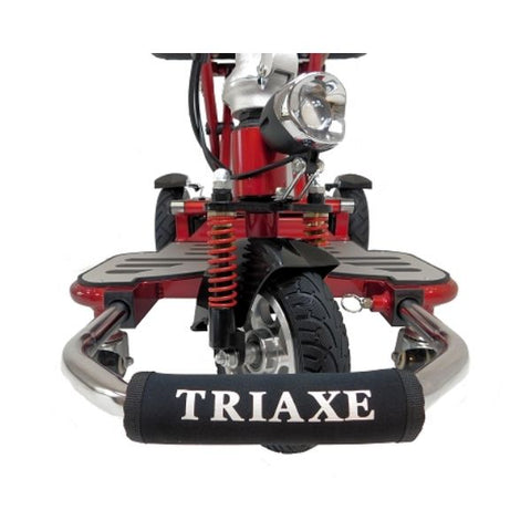 Enhance Mobility Triaxe Cruze Folding Mobility Scooter Front Wheel and Headlights View