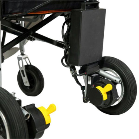 Feather Ultra Lightweight Powerchair battery on the back and rear wheels zoomed in