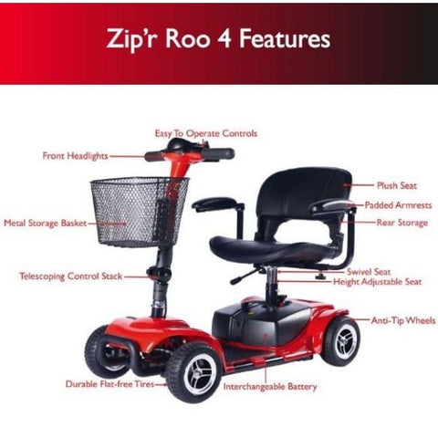 Zip'r Roo 4 Wheel Mobility Travel Scooter Features View