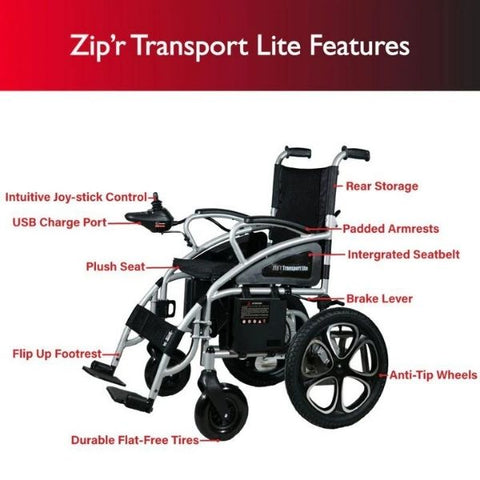 Zip'r Transport Lite Folding Electric Wheelchair Features View