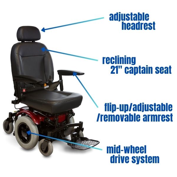 Shoprider 6Runner 14 power chair with 21-inch captain’s seat and reclining high-back design.