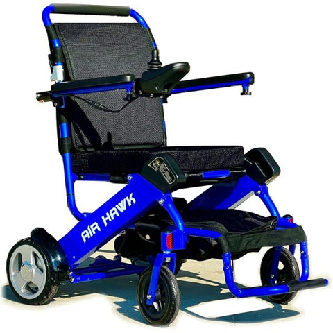 Air Hawk Folding Lightweight Electric Wheelchair By Discover My Mobility Blue Color Frame