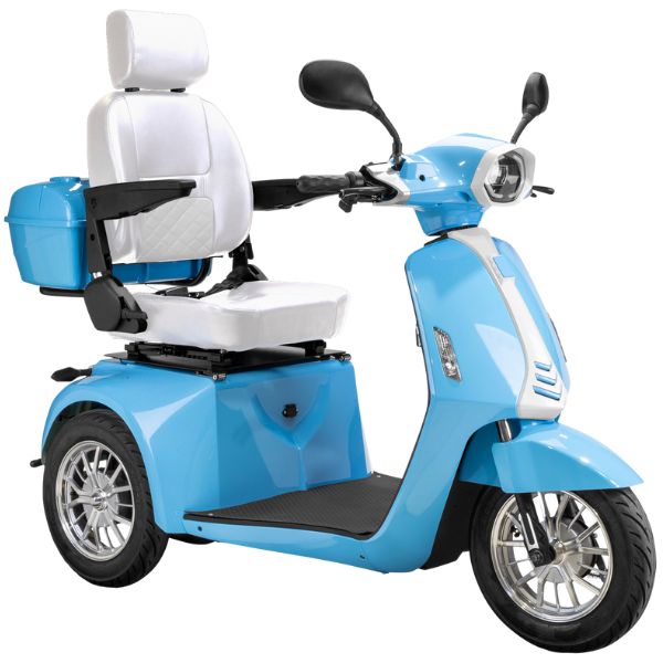 Bespoke Elite Heavy-Duty 3-Wheel Mobility Scooter Blue White Color with White Seat and Chrome  Wheels Rims