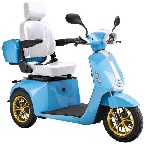 Bespoke Elite Heavy-Duty 3-Wheel Mobility Scooter Blue White Color with White Seat and Gold with Black Wheels Rims