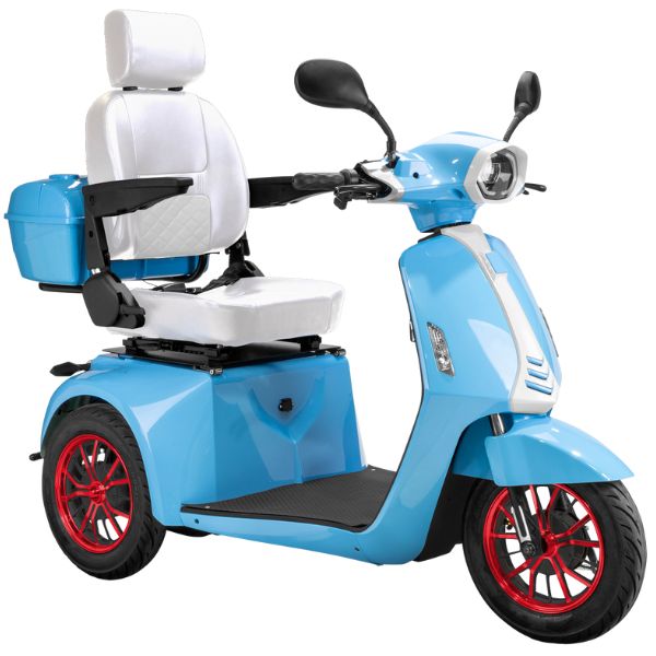 Bespoke Elite Heavy-Duty 3-Wheel Mobility Scooter Blue White Color with White Seat and Red with  Black Wheels Rims