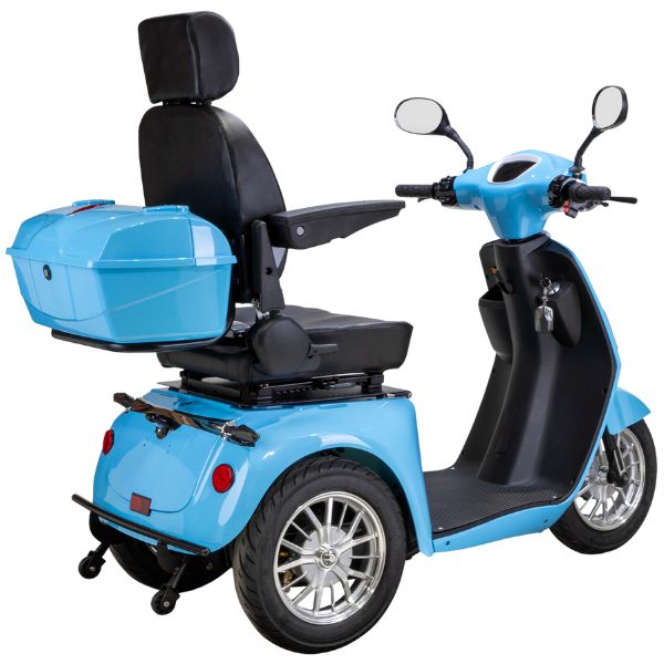 Bespoke Elite Heavy-Duty 3-Wheel Mobility Scooter in Blue & White Color Right BackSide View with Chrome Rims
