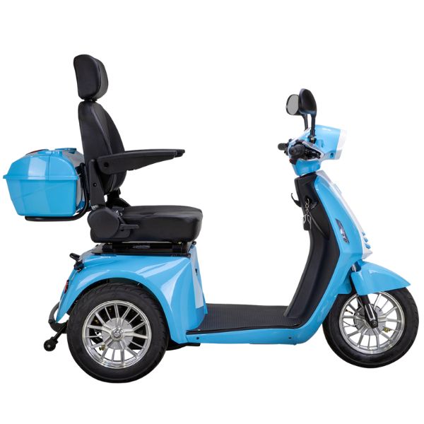 Bespoke Elite Heavy-Duty 3-Wheel Mobility Scooter in Blue & White Color Right Side View with Chrome Rims