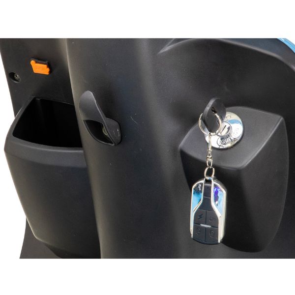 Bespoke Elite Heavy-Duty 3-Wheel Mobility Scooter in Blue & White Color Showing It's Key Ignition Slot and the Remote Start Key Fob