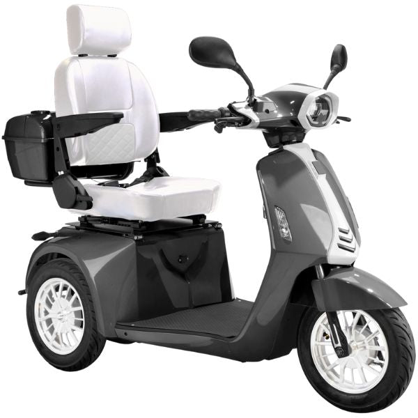 Bespoke Elite Heavy-Duty 3-Wheel Mobility Scooter in Gray Color with White Colored Seat and White Colored Rims
