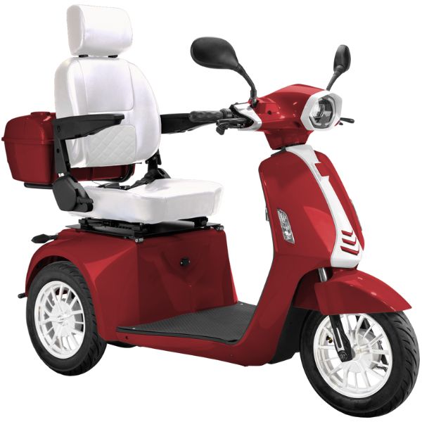 Bespoke Elite Heavy-Duty 3-Wheel Mobility Scooter in Red Color with White Colored Seat and White Colored Rims