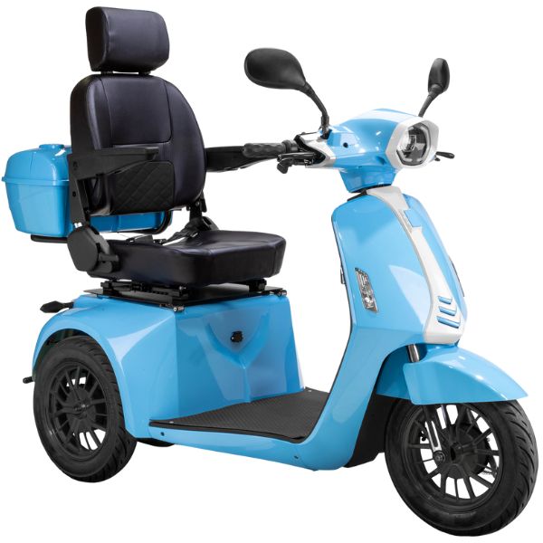Bespoke Elite Heavy-Duty 3-Wheel Mobility Scooter in Standard Blue & White Color with Black Colored Seat and Black Colored Rims