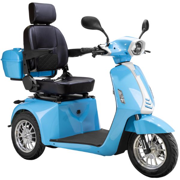 Bespoke Elite Heavy-Duty 3-Wheel Mobility Scooter in Standard Blue & White Color with Black Colored Seat and Chrome Colored Rims
