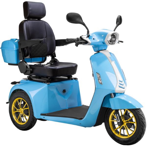 Bespoke Elite Heavy-Duty 3-Wheel Mobility Scooter in Standard Blue & White Color with Black Colored Seat and Gold with Black Colored Rims