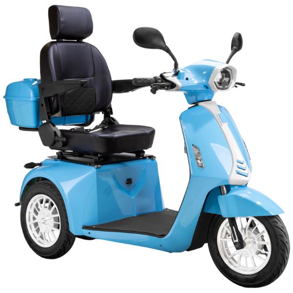 Bespoke Elite Heavy-Duty 3-Wheel Mobility Scooter in Standard Blue & White Color with Black Colored Seat and White Colored Rims