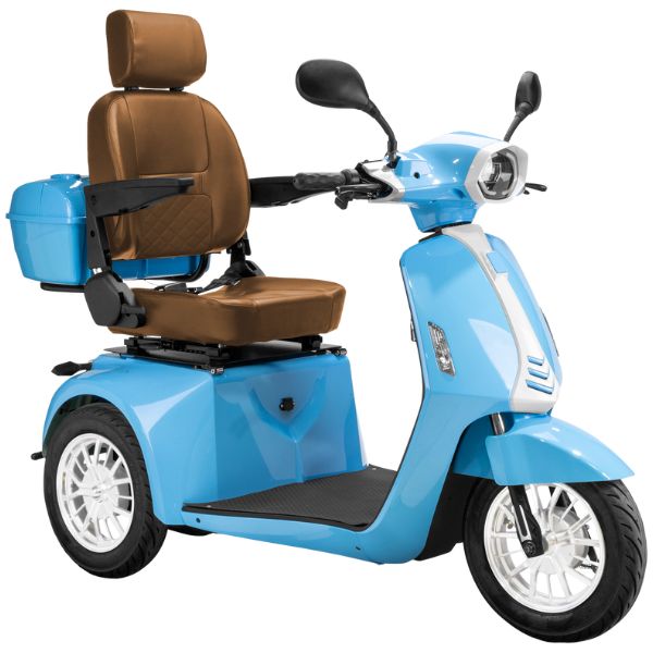 Bespoke Elite Heavy-Duty 3-Wheel Mobility Scooter in Standard Blue & White Color with Brown  Colored Seat and White Colored Rims