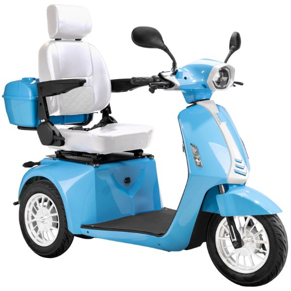 Bespoke Elite Heavy-Duty 3-Wheel Mobility Scooter in Standard Blue & White Color with White Colored Seat and White Colored Rims