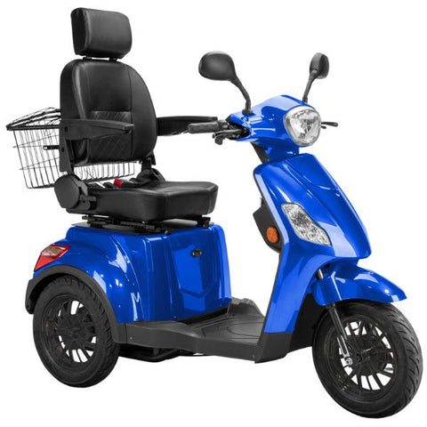 Bespoke Legacy Full Size 3-Wheel Mobility Scooter in Color Blue with Black Seat and Black Wheel Rims