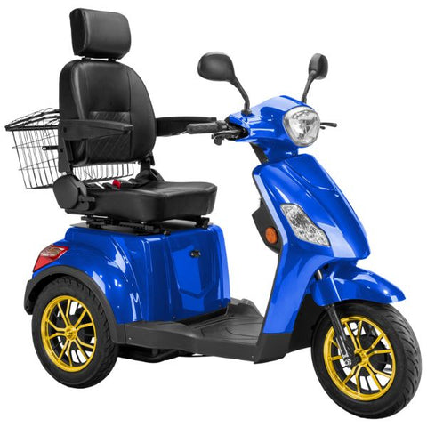 Bespoke Legacy Full Size 3-Wheel Mobility Scooter in Color Blue with Black Seat and Gold w/ Black Wheel Rims