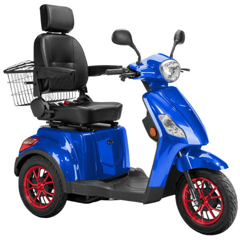 Bespoke Legacy Full Size 3-Wheel Mobility Scooter in Color Blue with Black Seat and Red w/ Black Wheel Rims