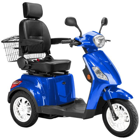 Bespoke Legacy Full Size 3-Wheel Mobility Scooter in Color Blue with Black Seat and White Wheel Rims