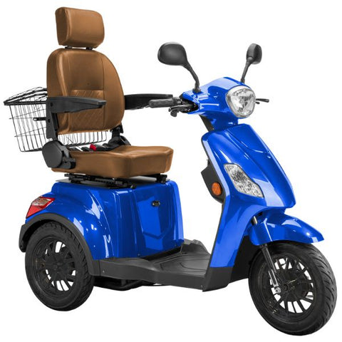 Bespoke Legacy Full Size 3-Wheel Mobility Scooter in Color Blue with Brown Seat and Black Wheel Rims