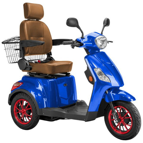 Bespoke Legacy Full Size 3-Wheel Mobility Scooter in Color Blue with Brown Seat and Red w/ Black Wheel Rims