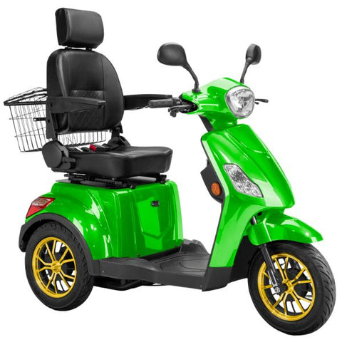 Bespoke Legacy Full Size 3-Wheel Mobility Scooter in Color Green with Black Seat and Gold w/ Black Wheel Rims