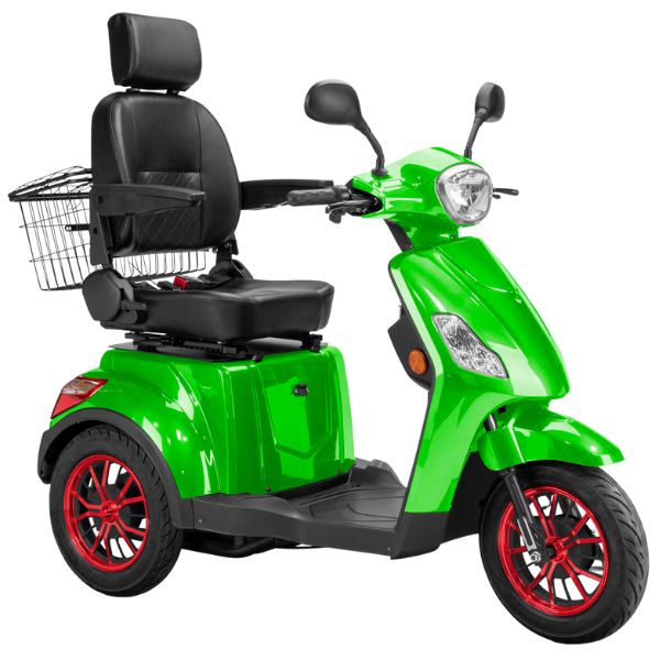 Bespoke Legacy Full Size 3-Wheel Mobility Scooter in Color Green with Black Seat and Red w/ Black Wheel Rims