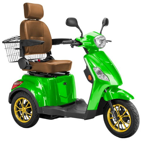 Bespoke Legacy Full Size 3-Wheel Mobility Scooter in Color Green with Brown Seat and Gold w/ Black Wheel Rims