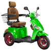 Image of Bespoke Legacy Full Size 3-Wheel Mobility Scooter in Color Green with Brown Seat and Red w/ BlackWheel Rims