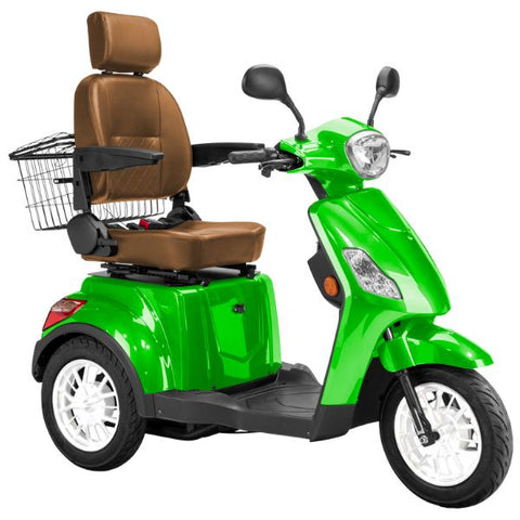 Bespoke Legacy Full Size 3-Wheel Mobility Scooter in Color Green with Brown Seat and White Wheel Rims