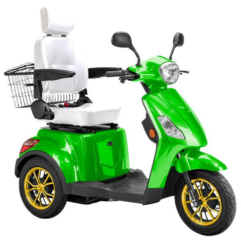 Bespoke Legacy Full Size 3-Wheel Mobility Scooter in Color Green with White Seat and Gold w/ Black Wheel Rims