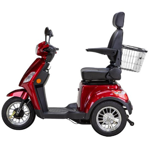 Bespoke Legacy Full Size 3-Wheel Mobility Scooter in Color Red with Black Seat and Chrome Wheel Rims Left Side View