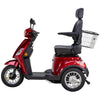 Image of Bespoke Legacy Full Size 3-Wheel Mobility Scooter in Color Red with Black Seat and Chrome Wheel Rims Left Side View