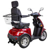 Image of Bespoke Legacy Full Size 3-Wheel Mobility Scooter in Color Red with Black Seat and Chrome Wheel Rims Right Backside View