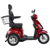 Image of Bespoke Legacy Full Size 3-Wheel Mobility Scooter in Color Red with Black Seat and Chrome Wheel Rims Right Side View