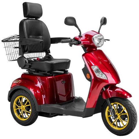 Bespoke Legacy Full Size 3-Wheel Mobility Scooter in Color Red with Black Seat and Gold w/ Black Wheel Rims 