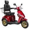 Image of Bespoke Legacy Full Size 3-Wheel Mobility Scooter in Color Red with Black Seat and Gold w/ Black Wheel Rims 