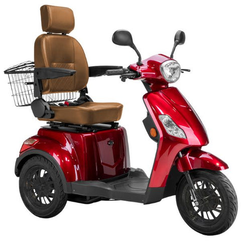 Bespoke Legacy Full Size 3-Wheel Mobility Scooter in Color Red with Brown Seat and Black Wheel Rims 