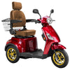 Image of Bespoke Legacy Full Size 3-Wheel Mobility Scooter in Color Red with Brown Seat and Gold w/ Black Wheel Rims 