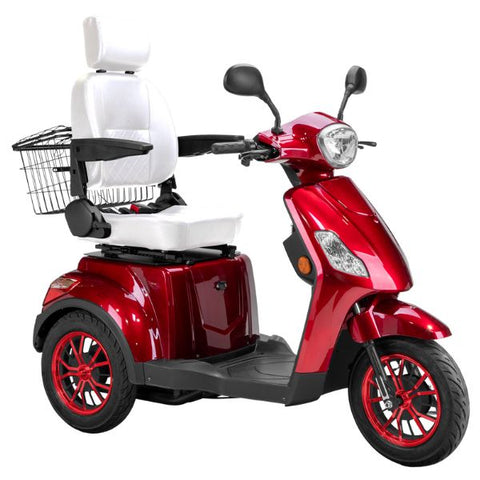 Bespoke Legacy Full Size 3-Wheel Mobility Scooter in Color Red with White Seat and Red w/ Black Wheel Rims 