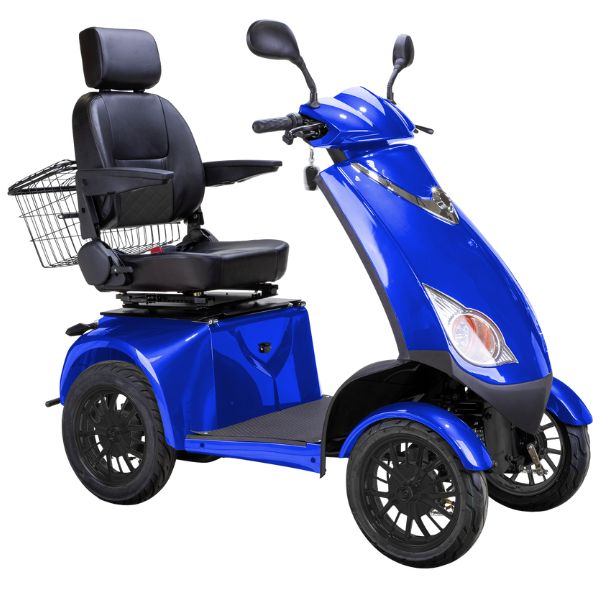 Bespoke Platinum Bariatric 4-Wheel Mobility Scooter in Blue Color with Black Seat and Black Wheel Rims