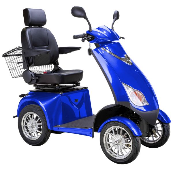Bespoke Platinum Bariatric 4-Wheel Mobility Scooter in Blue Color with Black Seat and Chrome Wheel Rims