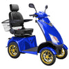Image of Bespoke Platinum Bariatric 4-Wheel Mobility Scooter in Blue Color with Black Seat and Gold w/ Black Wheel Rims