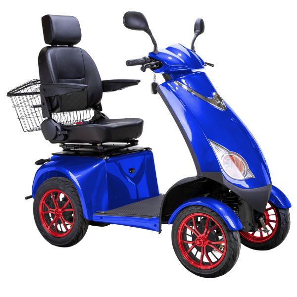 Bespoke Platinum Bariatric 4-Wheel Mobility Scooter in Blue Color with Black Seat and Red w/ Black Wheel Rims