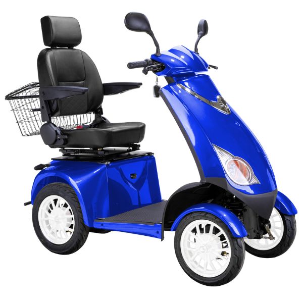 Bespoke Platinum Bariatric 4-Wheel Mobility Scooter in Blue Color with Black Seat and White Wheel Rims