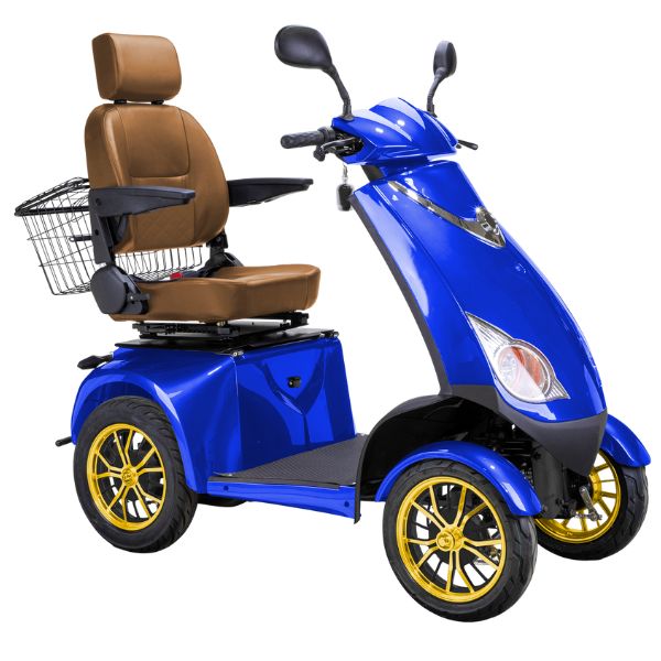 Bespoke Platinum Bariatric 4-Wheel Mobility Scooter in Blue Color with Brown Seat and Gold w/ Black Wheel Rims