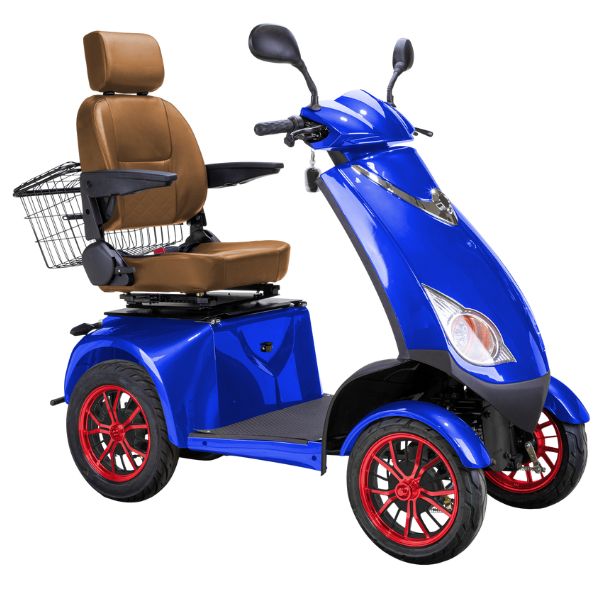 Bespoke Platinum Bariatric 4-Wheel Mobility Scooter in Blue Color with Brown Seat and Red w/ Black Wheel Rims